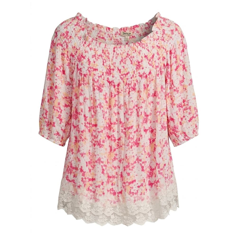 Tantrum Smocked Off Shoulder Boho Festival Wear Blouse Pink Lace Hem Large L
